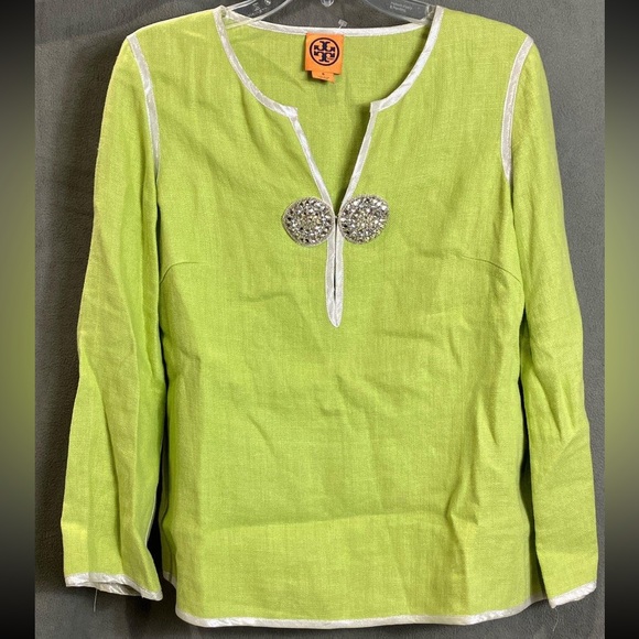 Tory Burch Linen Long Sleeve Blouse with Rhinestone Embroidery - Picture 1 of 4